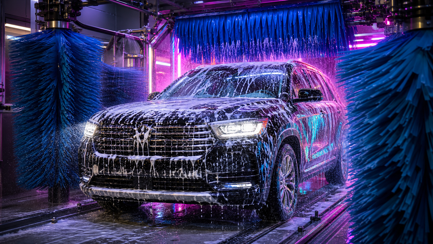 Car entering a neon car wash tunnel