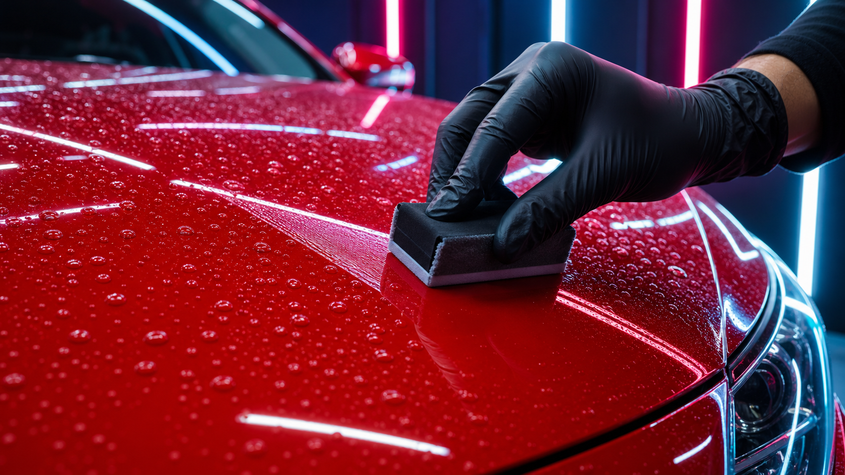 Ceramic coating being applied to glossy paint